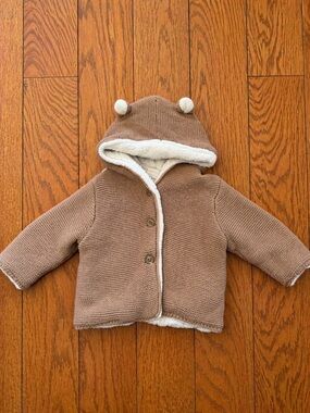 Baby Gap Knit Hooded Sweater 6-12M Tan Sherpa Lined Bear Ears Cozy Jacket